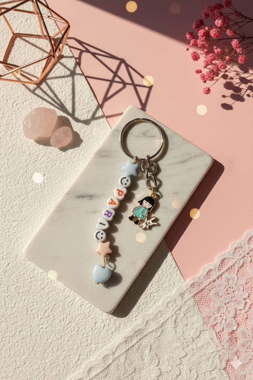 "PARI" Beaded Keychain | Cute Little Girl Doll Charm | Custom Letter Beads & Aesthetic Bag Accessory | Y2K Style