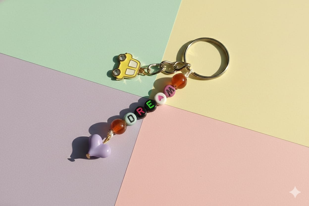 "DREAM" Beaded Keychain | Yellow Car Charm & Amber/Brown Beads | Custom Letter Bead Y2K Aesthetic Accessory | Dreamer Gift