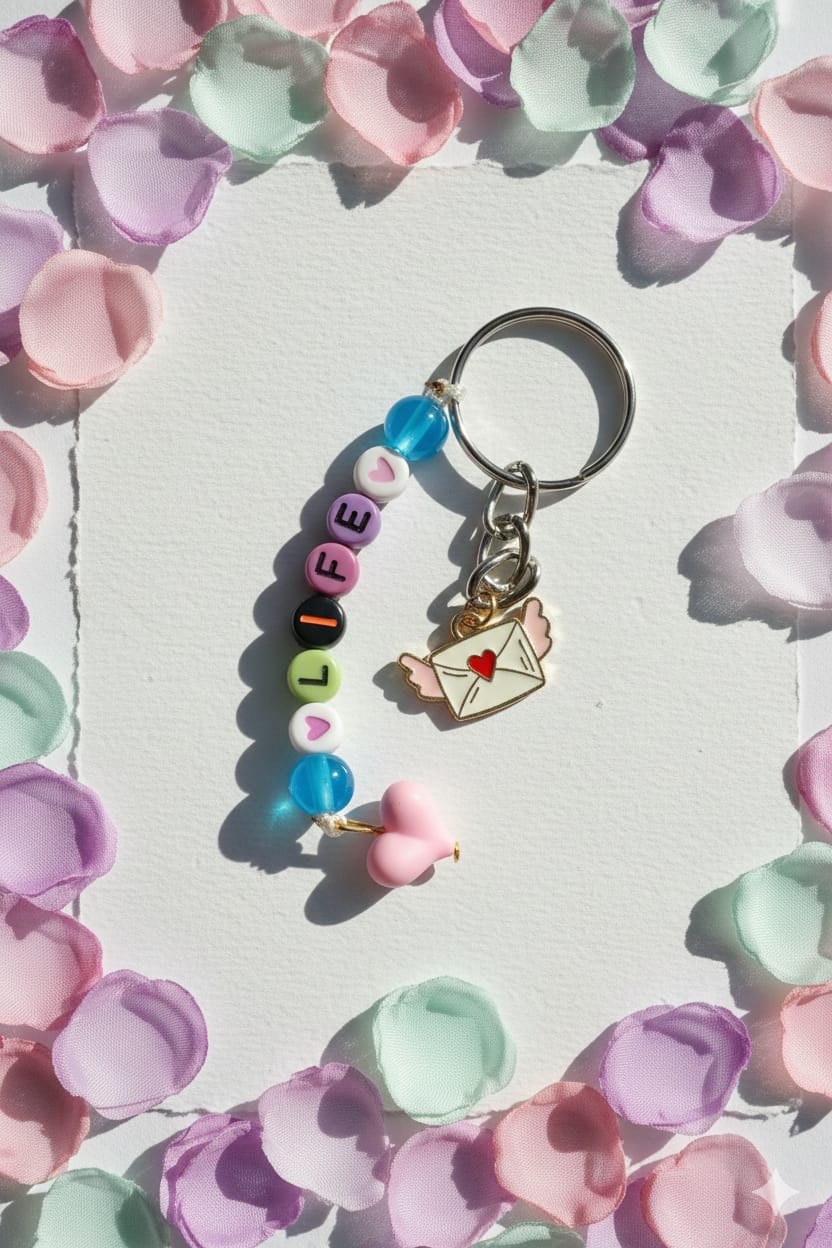 "LIFE" Personalized Beaded Keychain | Winged Love Letter Charm & Heart Beads | Y2K Aesthetic Accessory | Motivational Gift