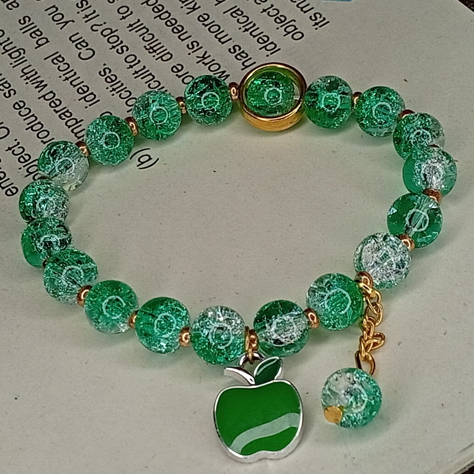 Fresh Beginnings: Emerald Crackle Glass & Apple Charm Bracelet