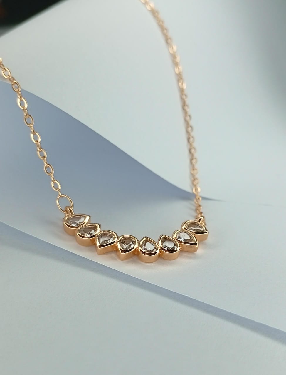 Dainty Rose Gold Teardrop Diamond Simulant Crescent Necklace