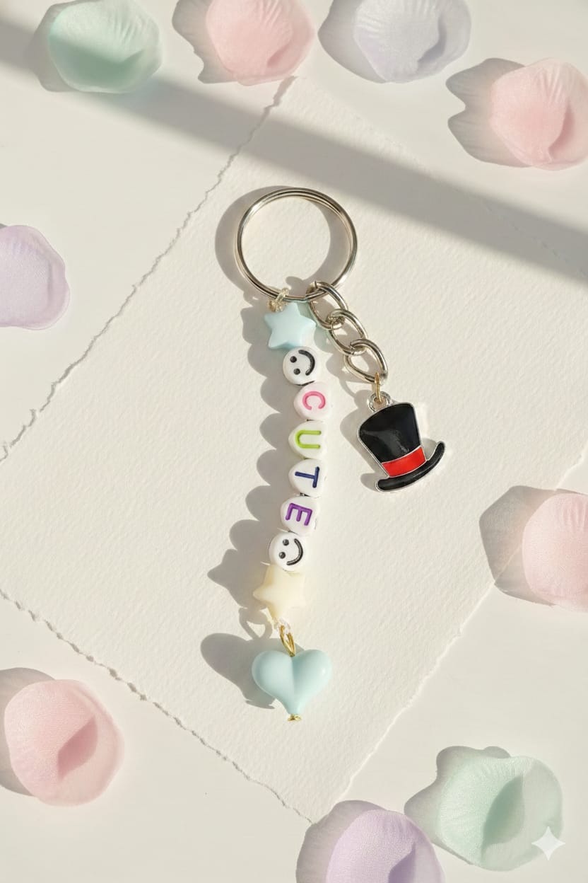 "CUTE" Beaded Keychain | Black Top Hat Charm | Custom Letter Beads & Y2K Aesthetic Accessory | Pastel Blue & Smiley Accents