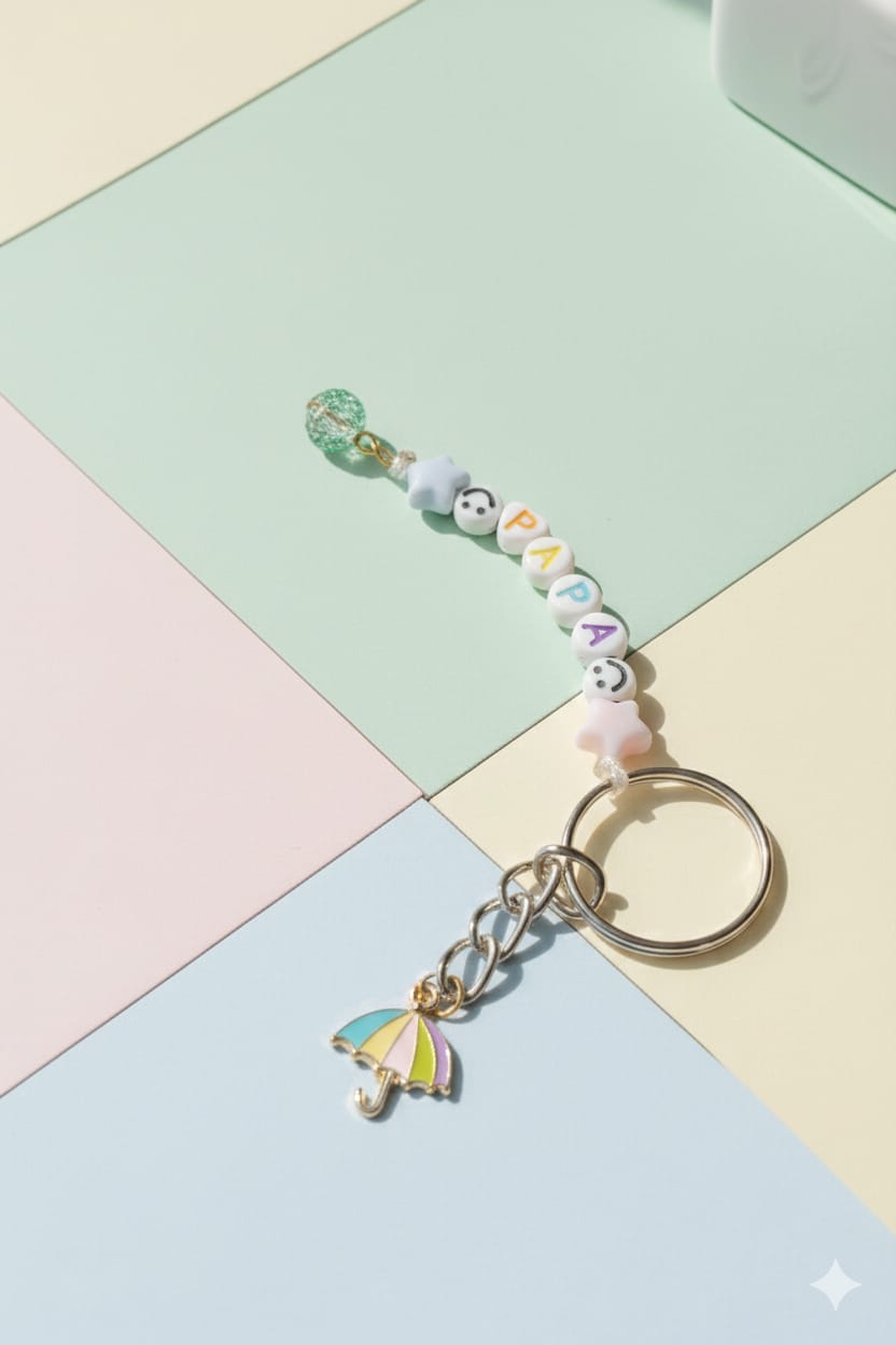 "PAPA" Personalized Name Keychain | Rainbow Umbrella Charm & Pastel Beads | Custom Gift for Dad | Y2K Aesthetic Accessory