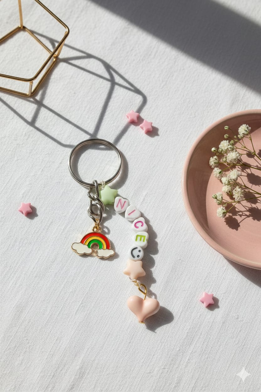 "Nice" Personalized Beaded Keychain with Rainbow Charm