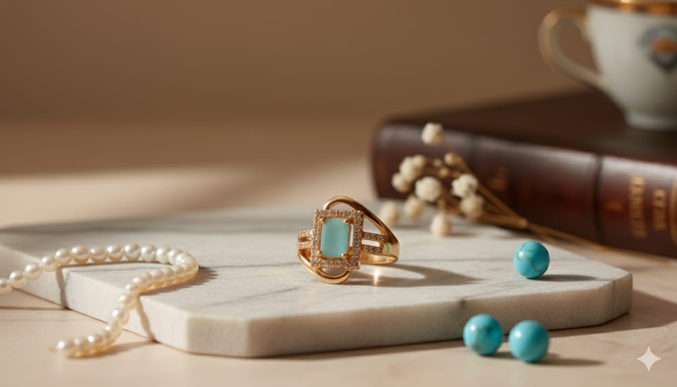 the gold-tone geometric turquoise ring