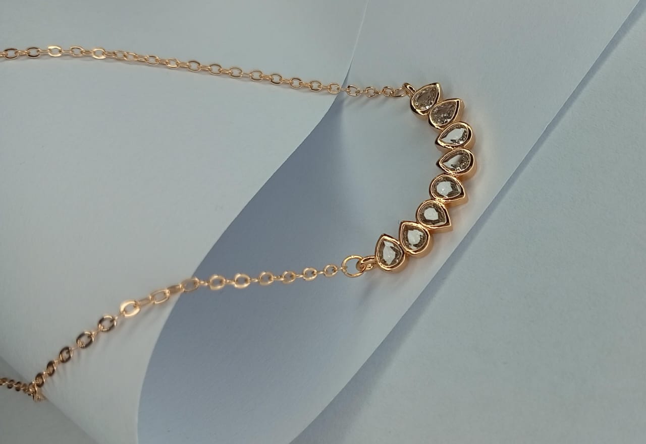 Dainty Rose Gold Teardrop Diamond Simulant Crescent Necklace
