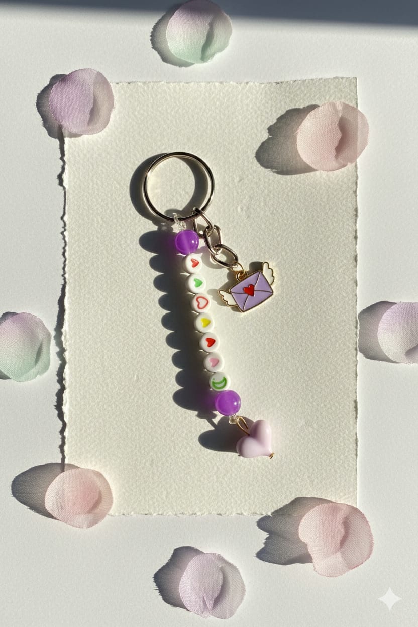 Winged Love Letter Charm Keychain | Purple & Pink Beaded Y2K Accessory | Custom Cute Heart Beads | Romantic Bag Charm