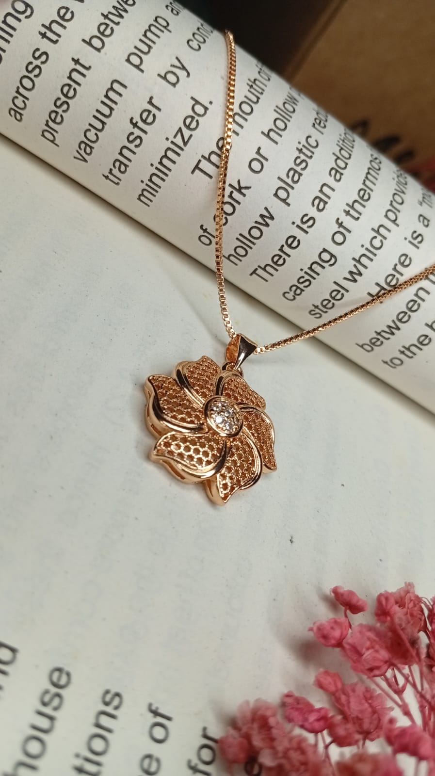 Rose Gold Flower Pendant Necklace | Intricate Filigree Design with Zircon Center