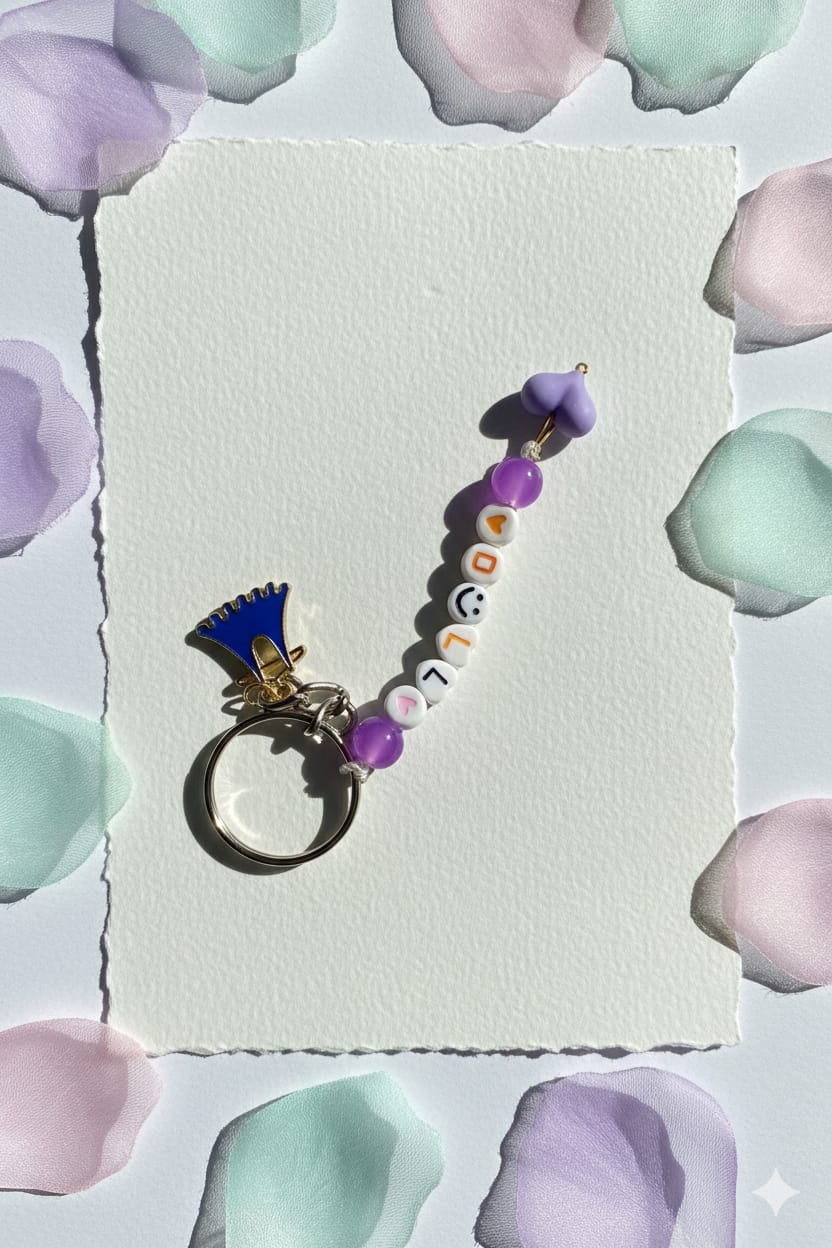 "DOLL" Beaded Keychain | Blue Megaphone/Cheer Charm | Custom Letter Beads & Y2K Aesthetic Accessory | Purple & Smiley Face Accents