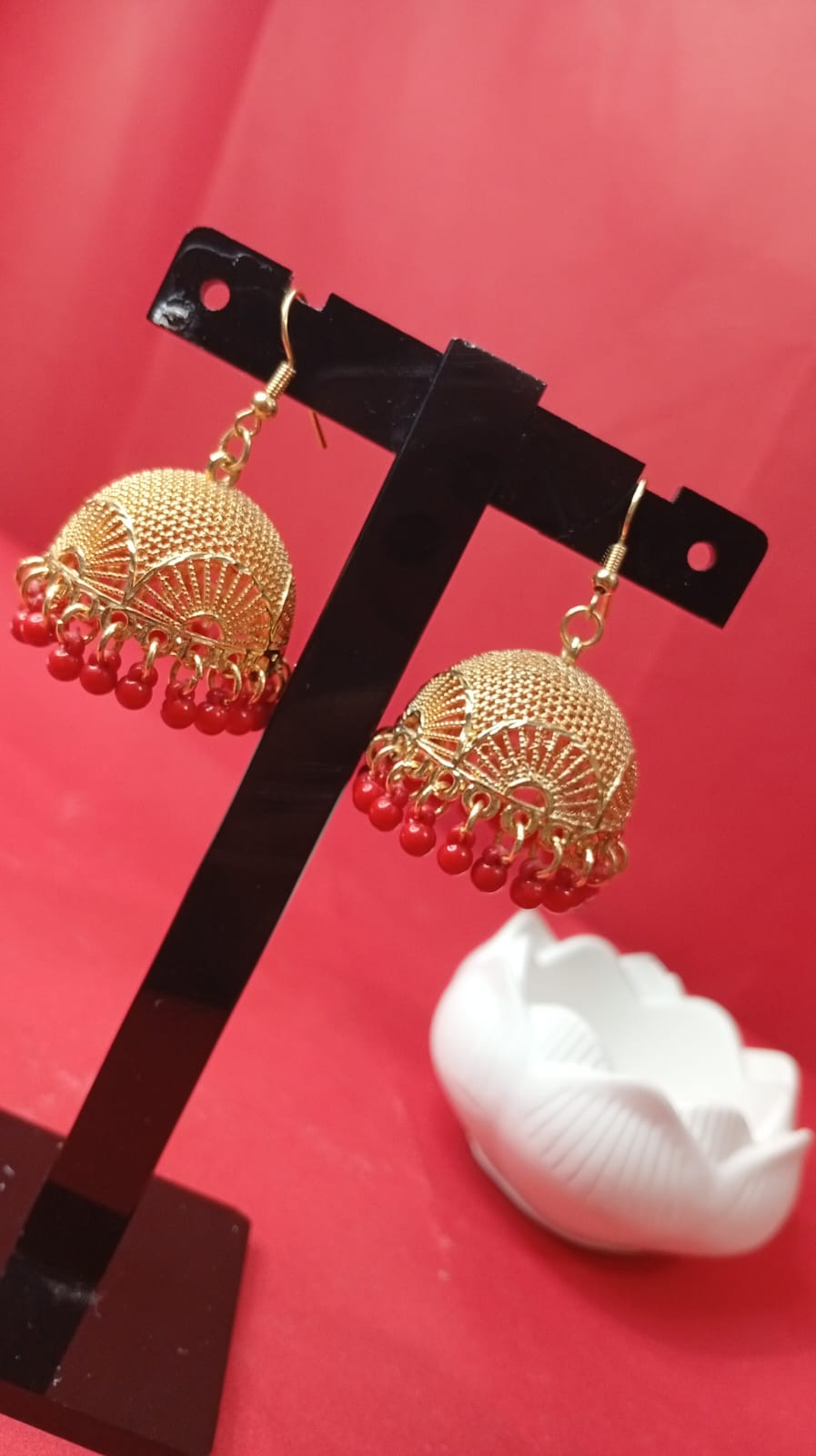 gold-tone red beaded jhumka earrings