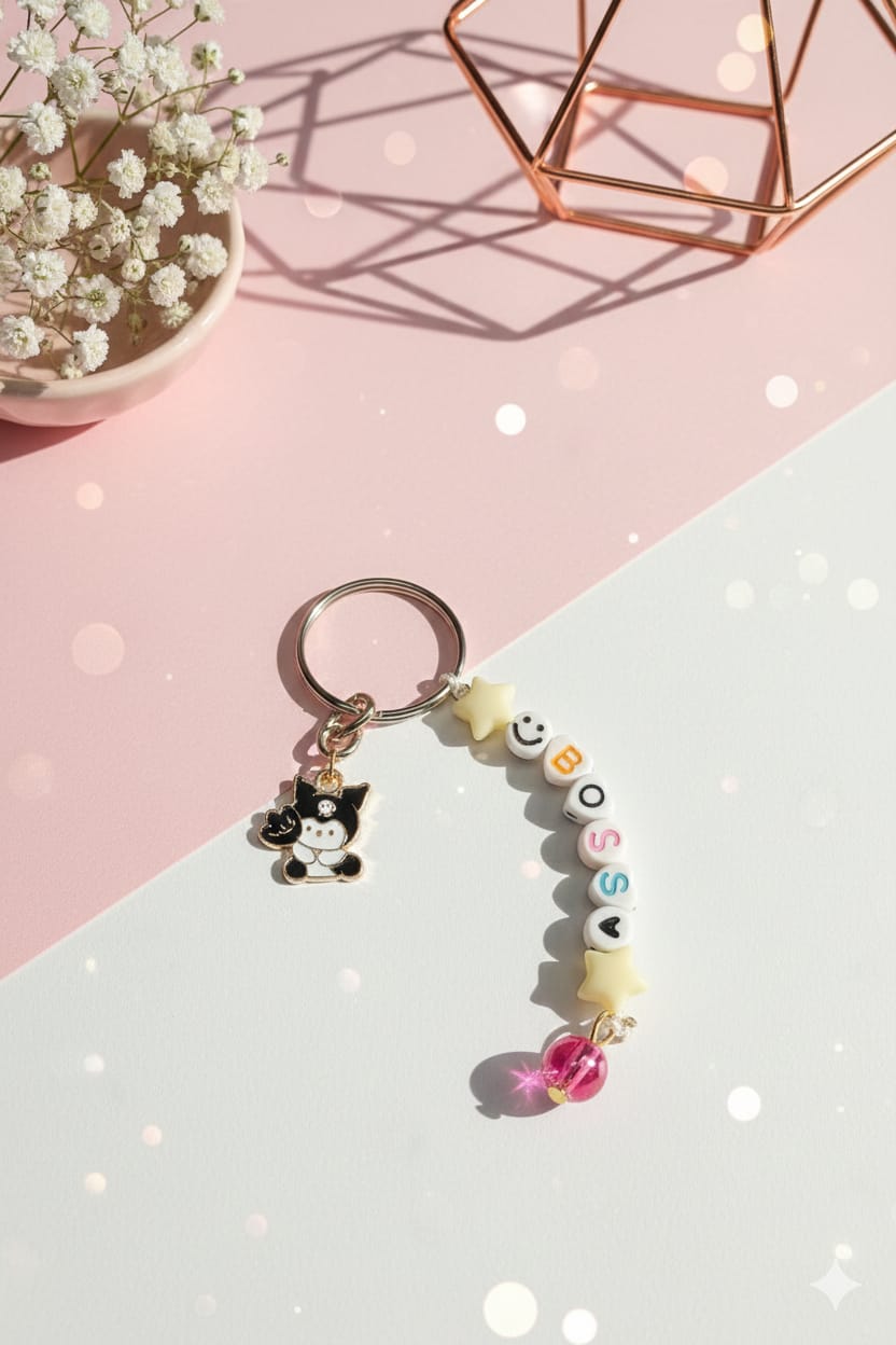 BOSS Vibe Custom Beaded Keychain | Black Kuromi-Style Cat Charm | Y2K Aesthetic & Personalized Accessory | Statement Bag Charm Gift