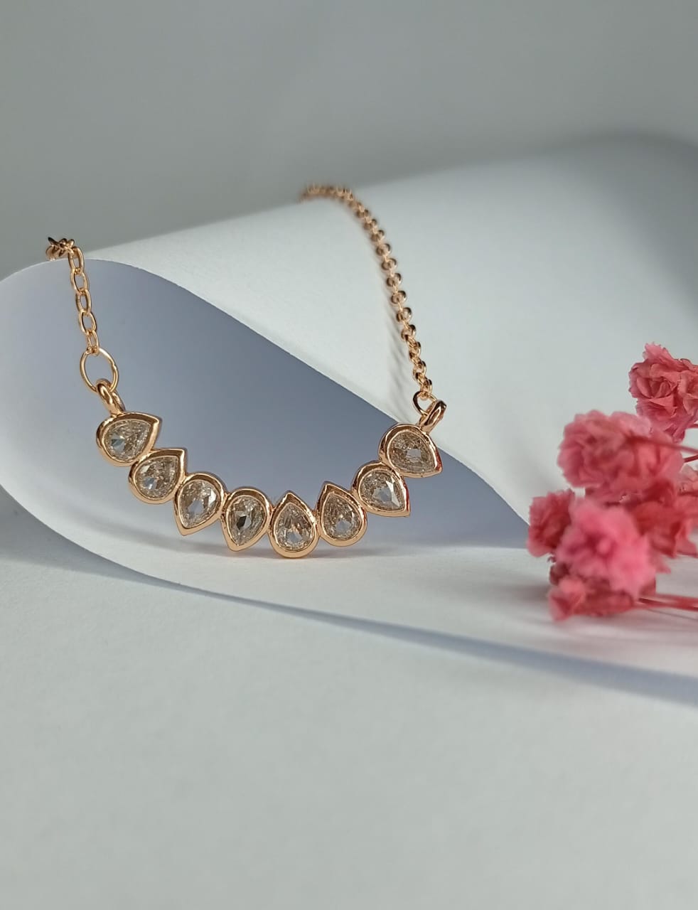 Dainty Rose Gold Teardrop Diamond Simulant Crescent Necklace