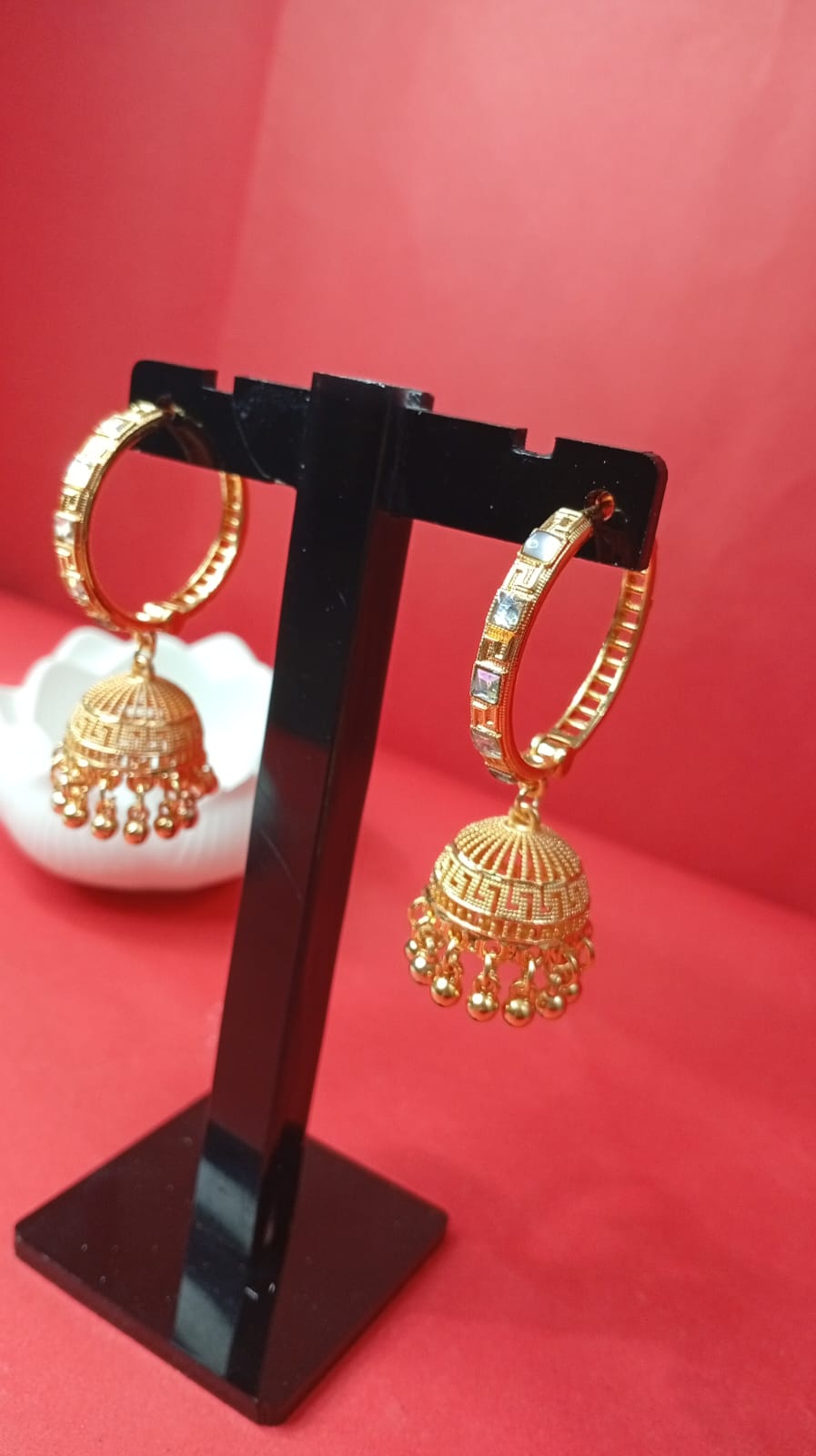 gold-tone crystal hoop jhumka earrings