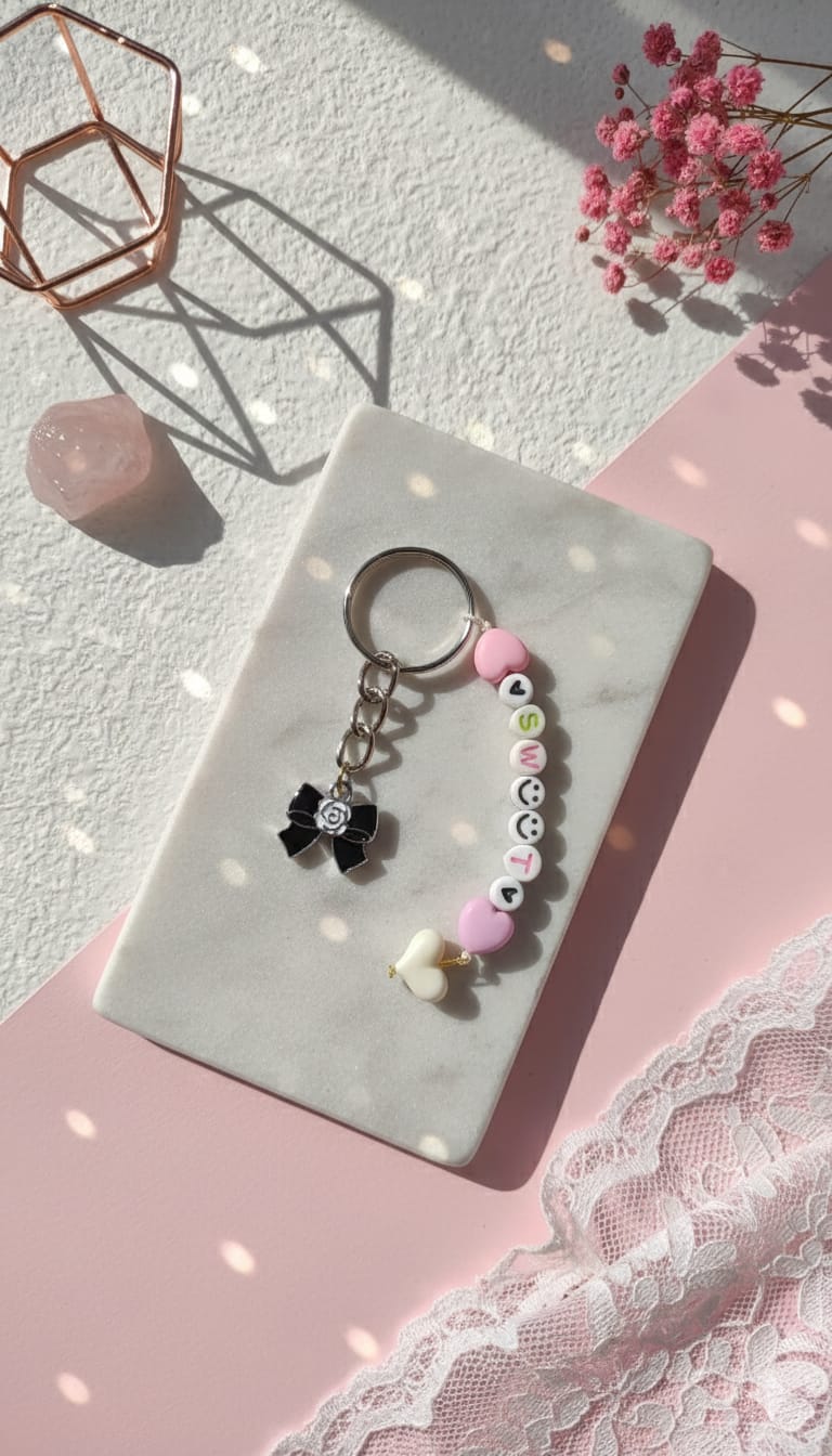 "SWEET" Beaded Keychain | Black & White Bow Charm | Pastel Pink Custom Letter Beads | Coquette Aesthetic Bag Accessory