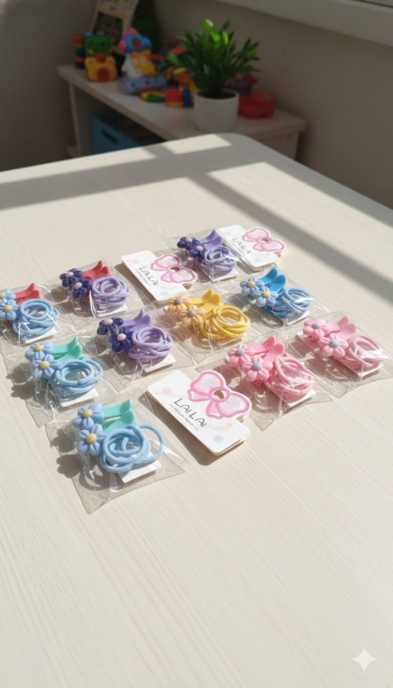 Cute Flower Hair Clips &amp; Spiral Hair Ties Set | 2 Mini Clips + 6 Elastic Ponys for Girls | Trendy Kids Hair Accessories Pakistan