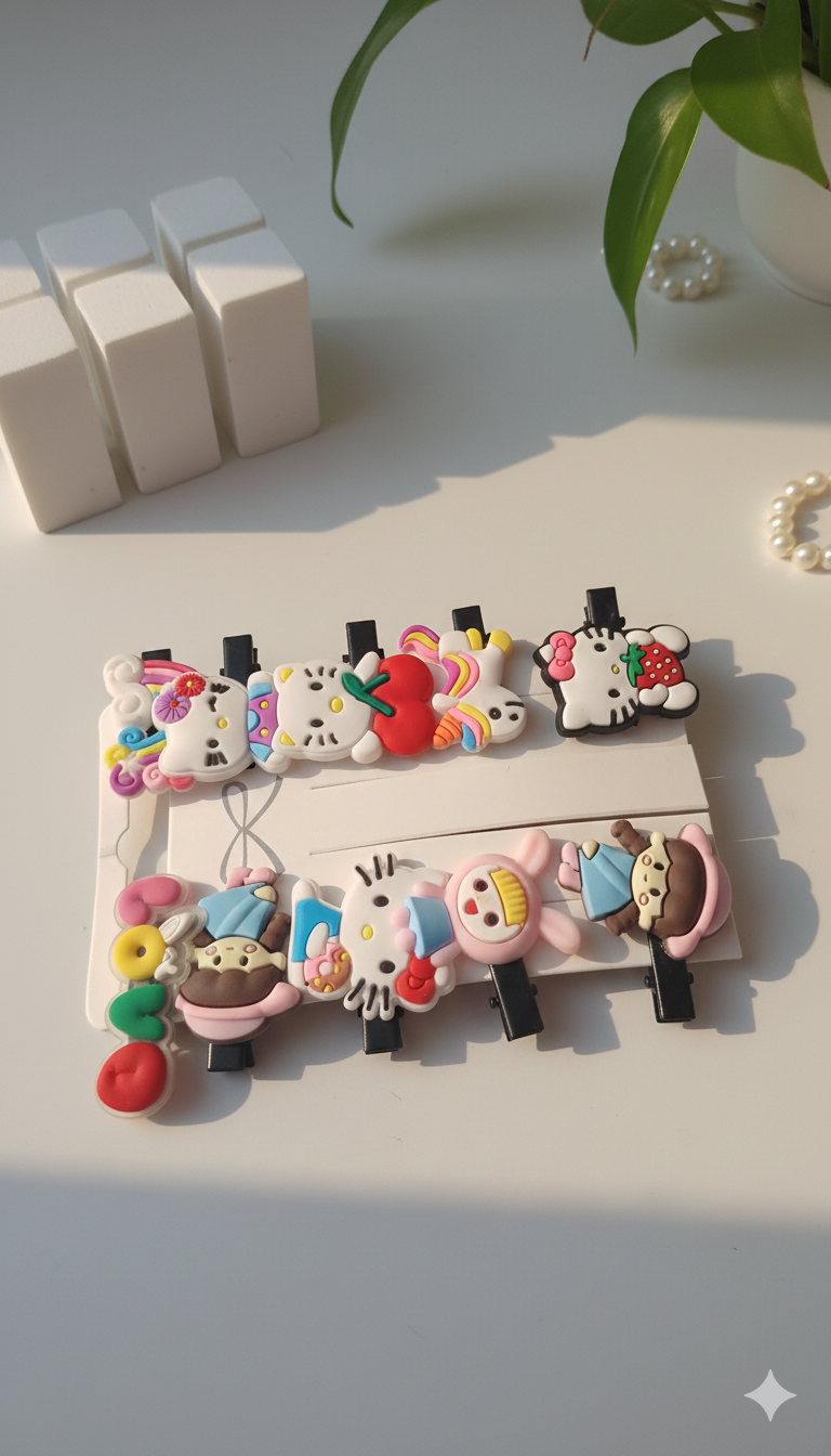 Pack of 10 Cute Silicone Cartoon Hair Pins | Random Theme Snap Clips for Girls & Kids | Non-Slip Baby Hair Accessories | Best Value in Pakistan