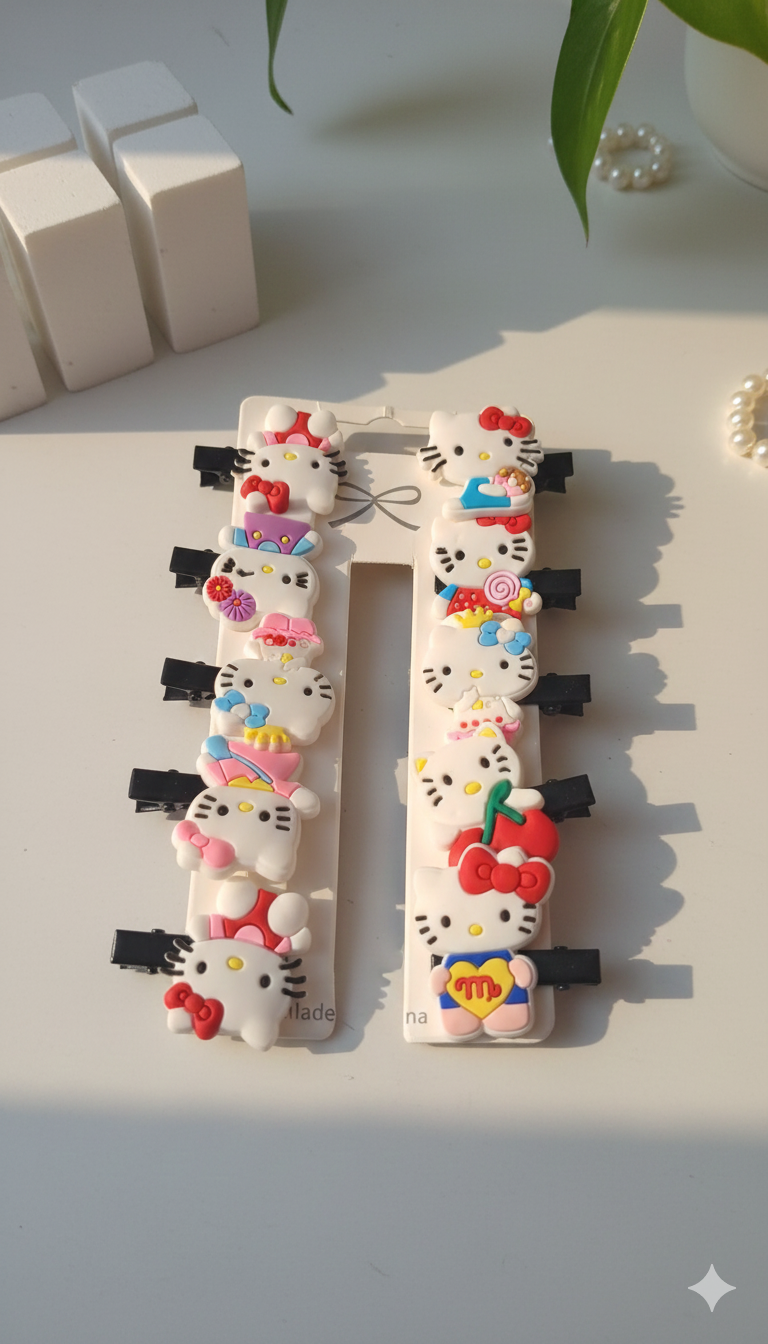 Pack of 10 Hello Kitty Hair Pins for Girls | Silicone Cartoon Character Clips | Cute Kids Snap Hair Accessories | Best Price in Pakistan