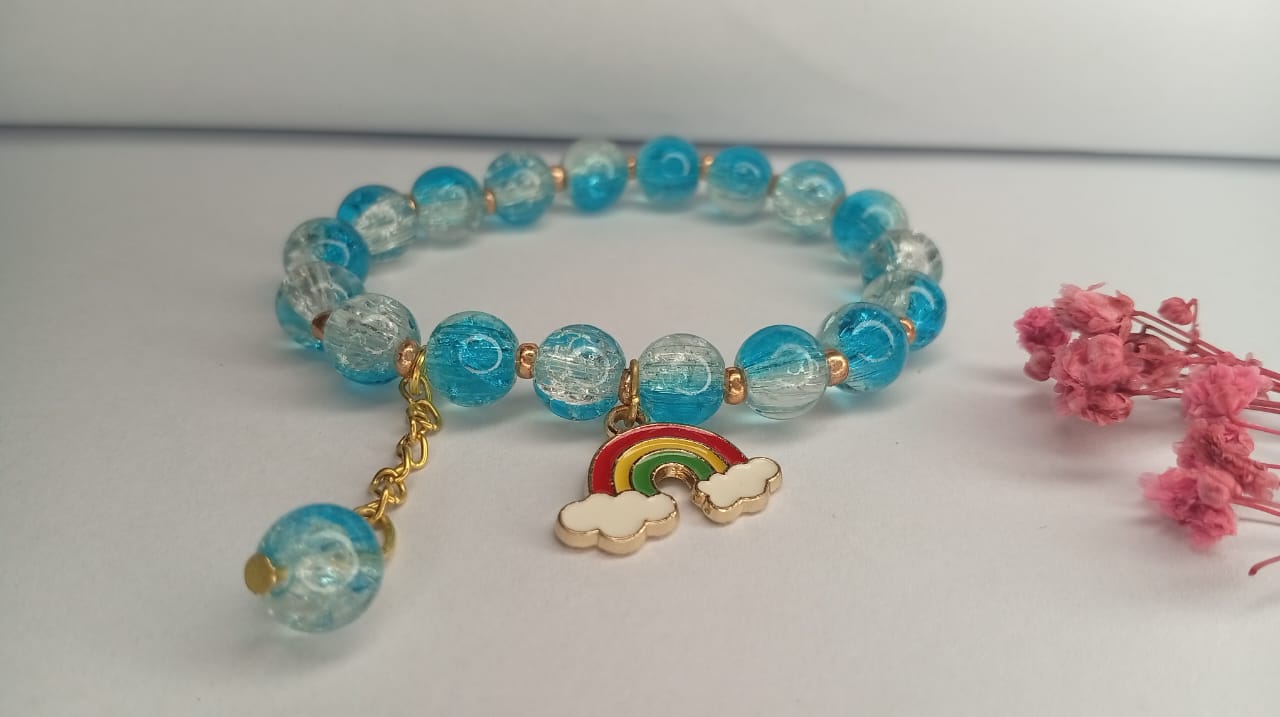 Sky Blue Glass Bead Bracelet with Rainbow Cloud Charm