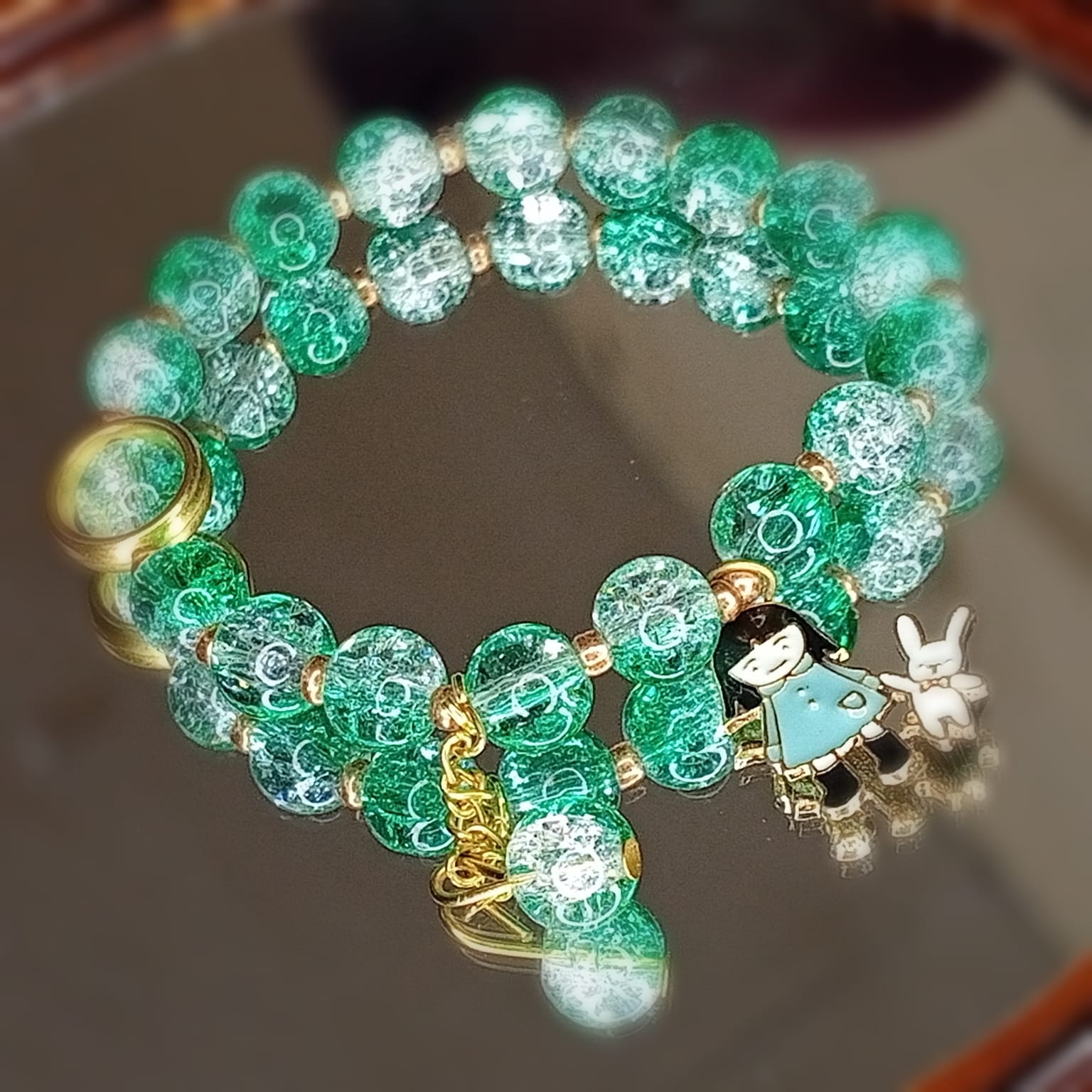 Emerald Green Crackled Glass Bead Bracelet with Girl and Bunny Charm