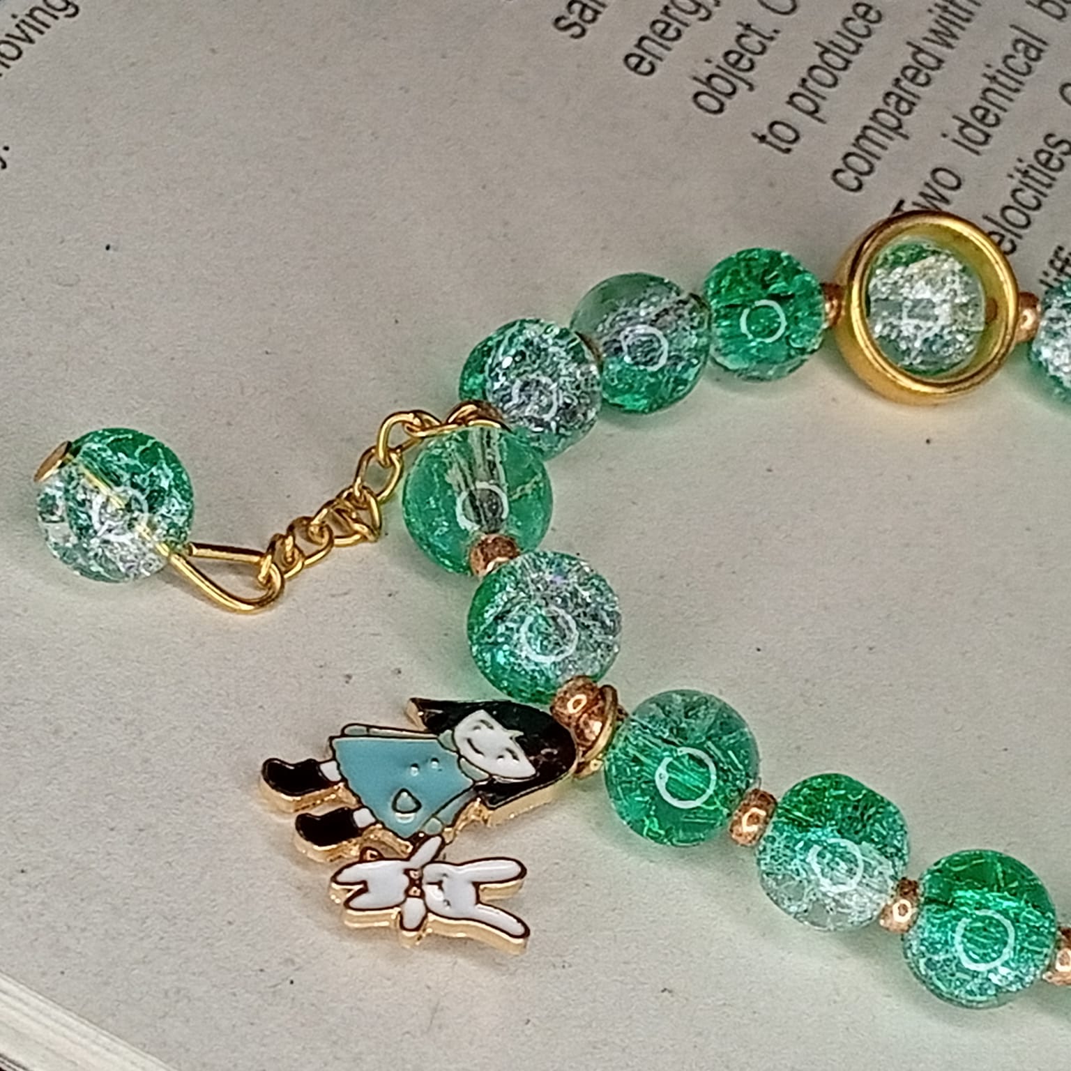 Emerald Green Crackled Glass Bead Bracelet with Girl and Bunny Charm