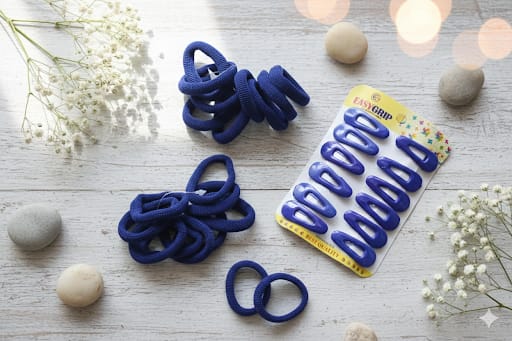Navy Blue School Hair Accessories Set (30 Pcs) - 18 Seamless Ponies & 12 EasyGrip Snap Clips for Girls