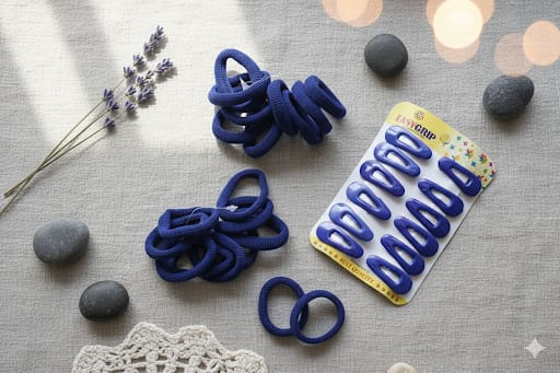 Navy Blue School Hair Accessories Set (30 Pcs) - 18 Seamless Ponies & 12 EasyGrip Snap Clips for Girls
