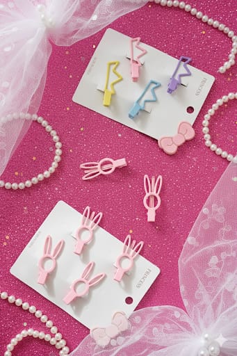 Cute Pastel Kids' Hair Clips Set - 12 Pack Kawaii Bow, Crown & Bunny Metal Snap Hair Pins for Girls