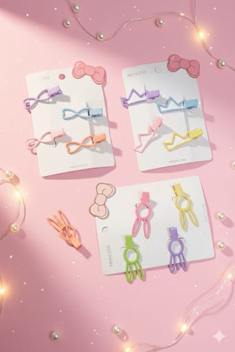 Cute Pastel Kids' Hair Clips Set - 12 Pack Kawaii Bow, Crown & Bunny Metal Snap Hair Pins for Girls