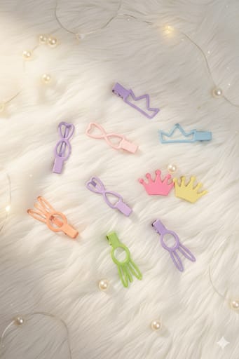Cute Pastel Kids' Hair Clips Set - 12 Pack Kawaii Bow, Crown & Bunny Metal Snap Hair Pins for Girls