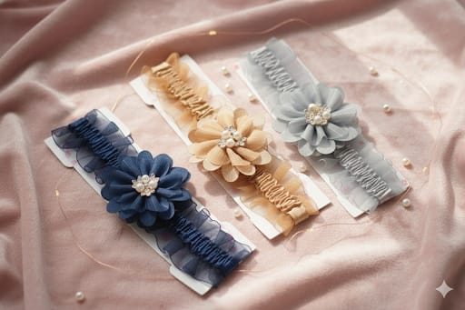 Elegant Floral Baby Headbands Set - Tulle Ruffled Flower & Pearl Infant Elastic Hair Accessories for Newborn Photoshoot