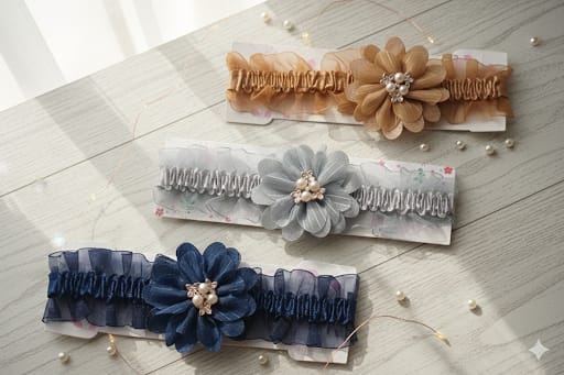Elegant Floral Baby Headbands Set - Tulle Ruffled Flower & Pearl Infant Elastic Hair Accessories for Newborn Photoshoot
