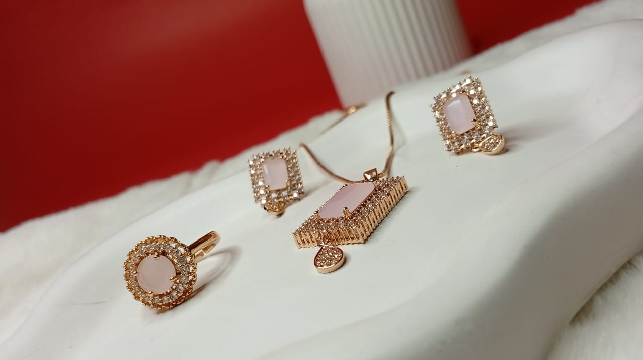 Premium 1 Karat Rose Gold Plated Pink Stone Jewelry Set – Elegant Necklace, Earrings & Adjustable Ring Combo for Women