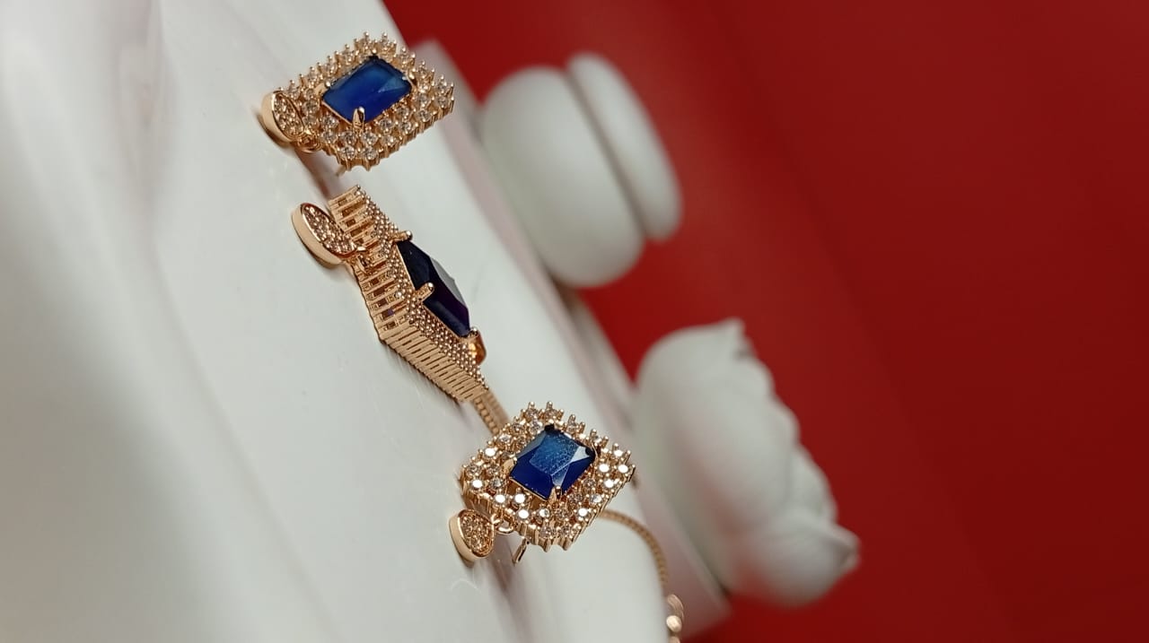 Royal Sapphire Blue 1K Gold Plated Jewelry Set | Emerald-Cut Pendant & Earrings Luxury Collection for Women