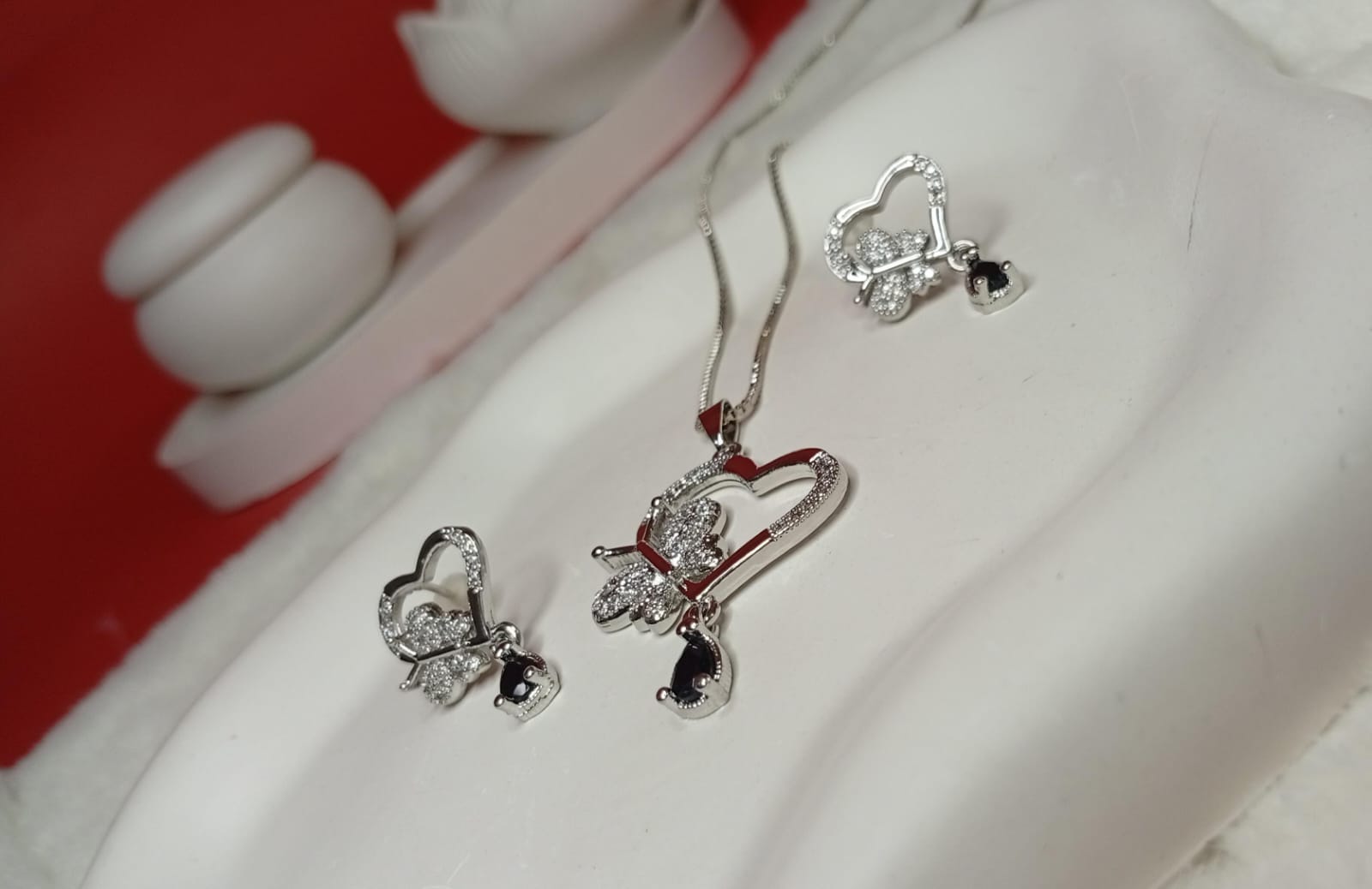 Silver-Plated Heart & Butterfly Jewelry Set | Dainty Black Teardrop Stone Necklace & Matching Earrings for Women