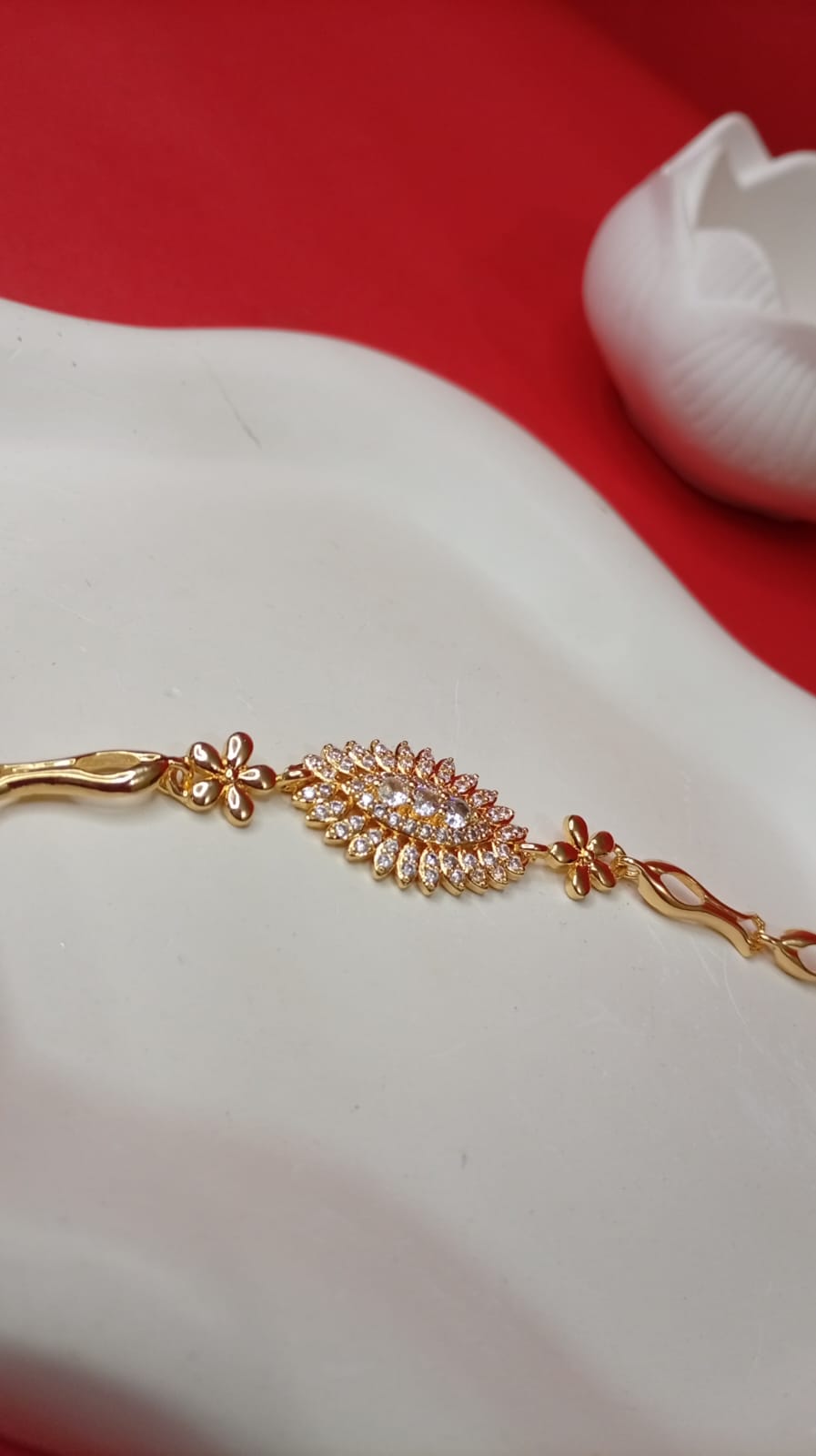 1K Gold Plated Floral Sunburst Bracelet for Women | Elegant CZ Encrusted Marquise Link Bracelet | Luxury Gold Plated Jewelry