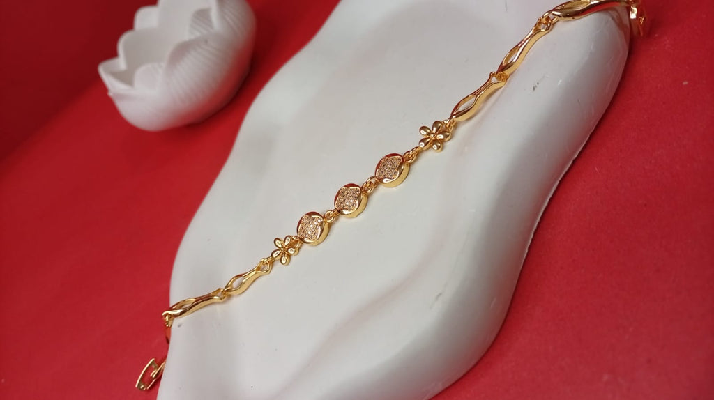 1K Gold Plated Triple Medallion Bracelet for Women | Gold Flower & CZ Pave Link Bracelet | Luxury Handcrafted Design Jewelry