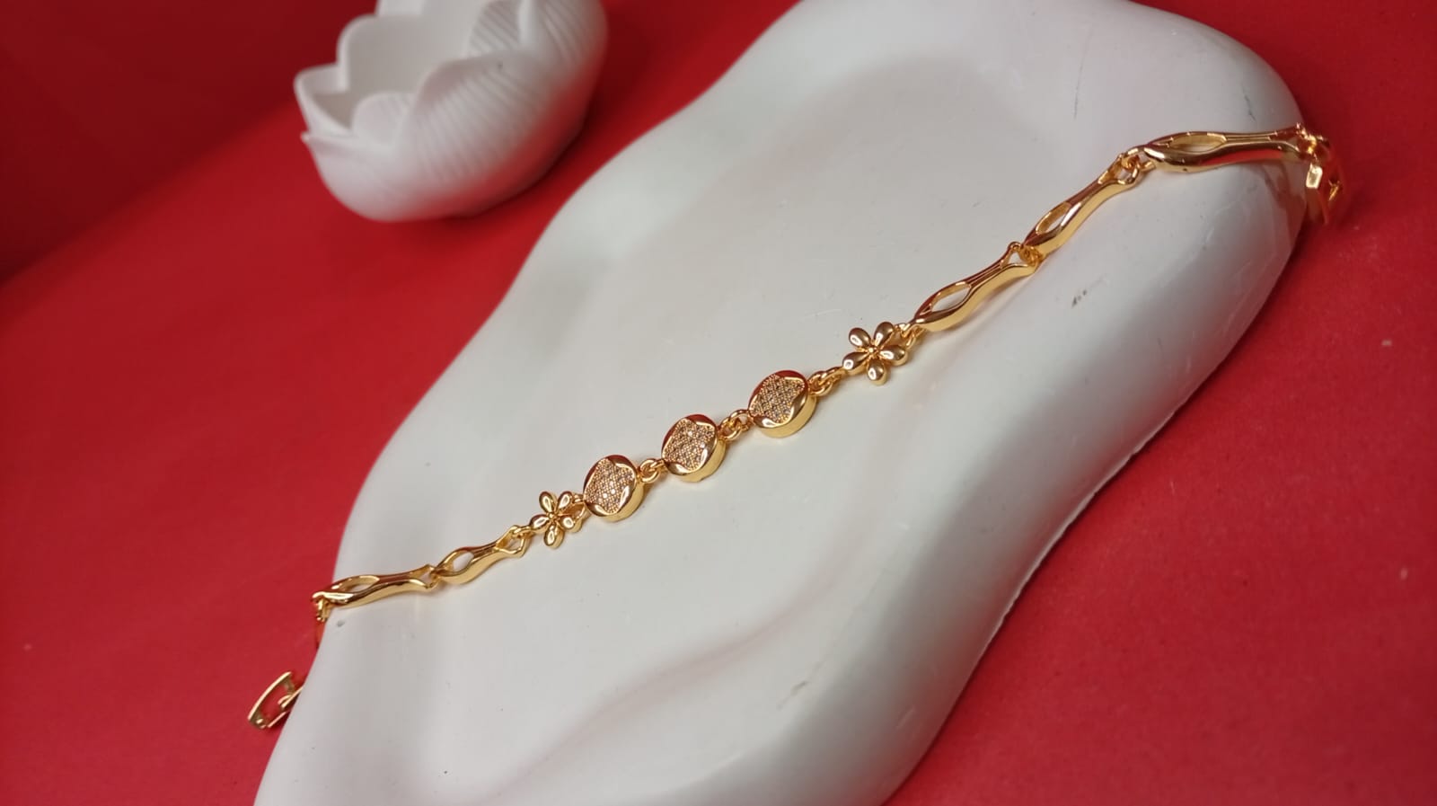 1K Gold Plated Triple Medallion Bracelet for Women | Gold Flower & CZ Pave Link Bracelet | Luxury Handcrafted Design Jewelry