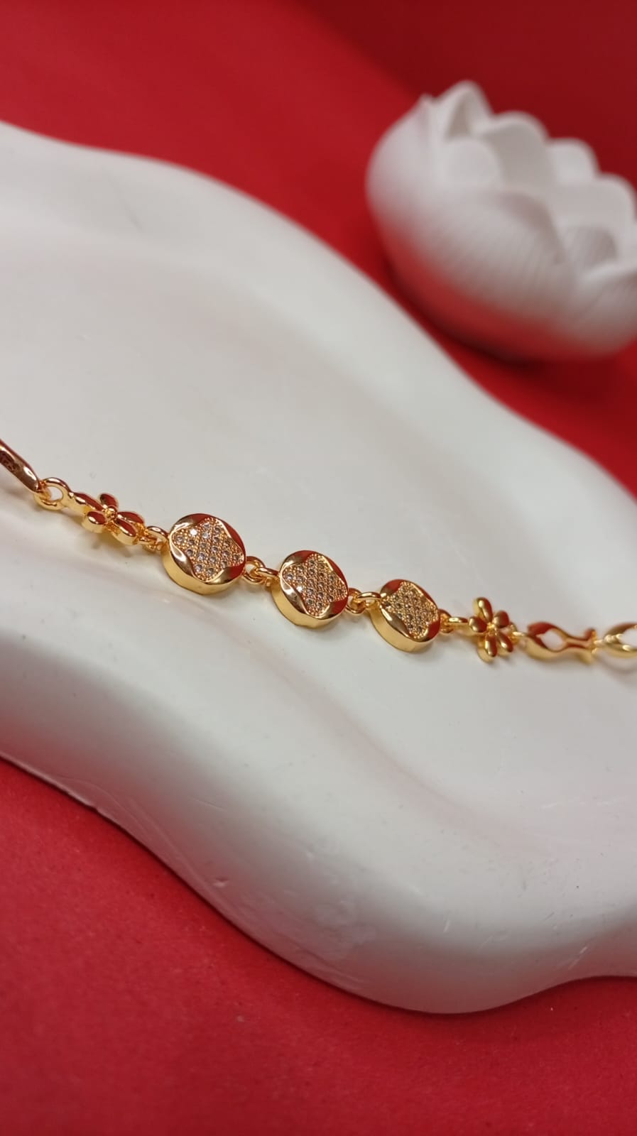 1K Gold Plated Triple Medallion Bracelet for Women | Gold Flower & CZ Pave Link Bracelet | Luxury Handcrafted Design Jewelry