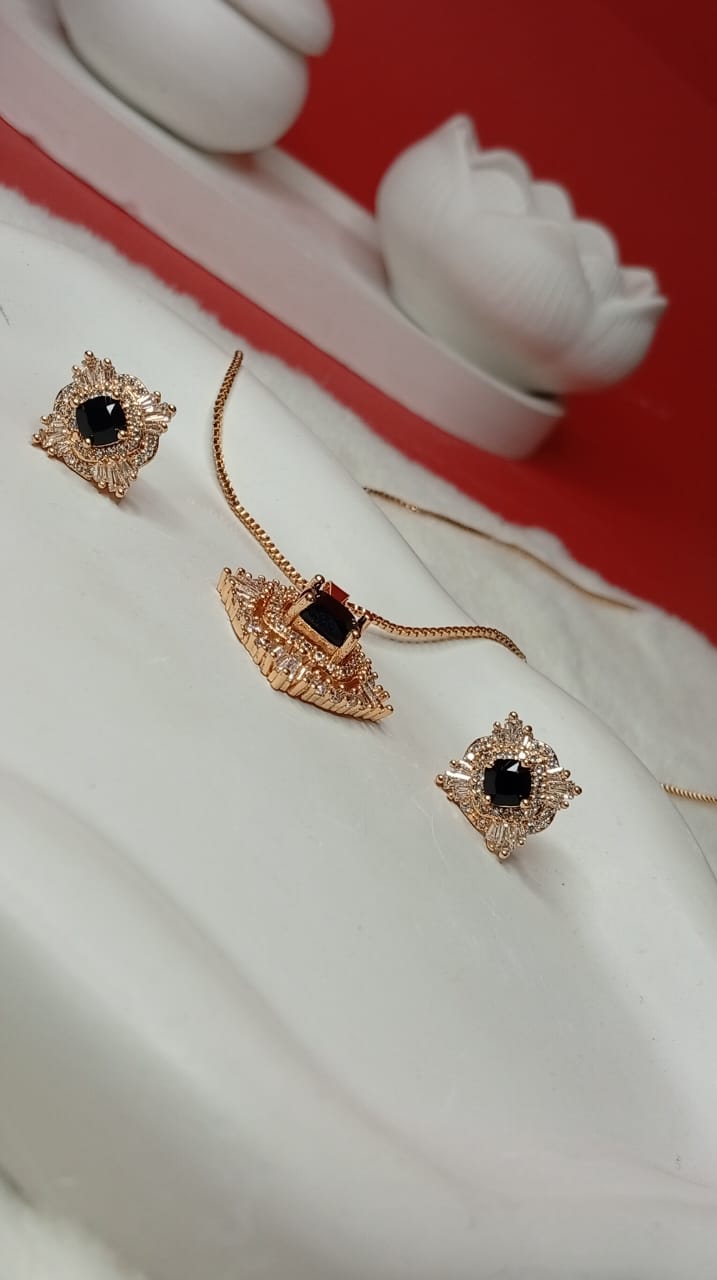 Luxury Black Onyx Jewelry Set for Women | 1K Gold Plated Baguette Diamond Halo Necklace & Earrings | Elegant Formal Evening Accessory