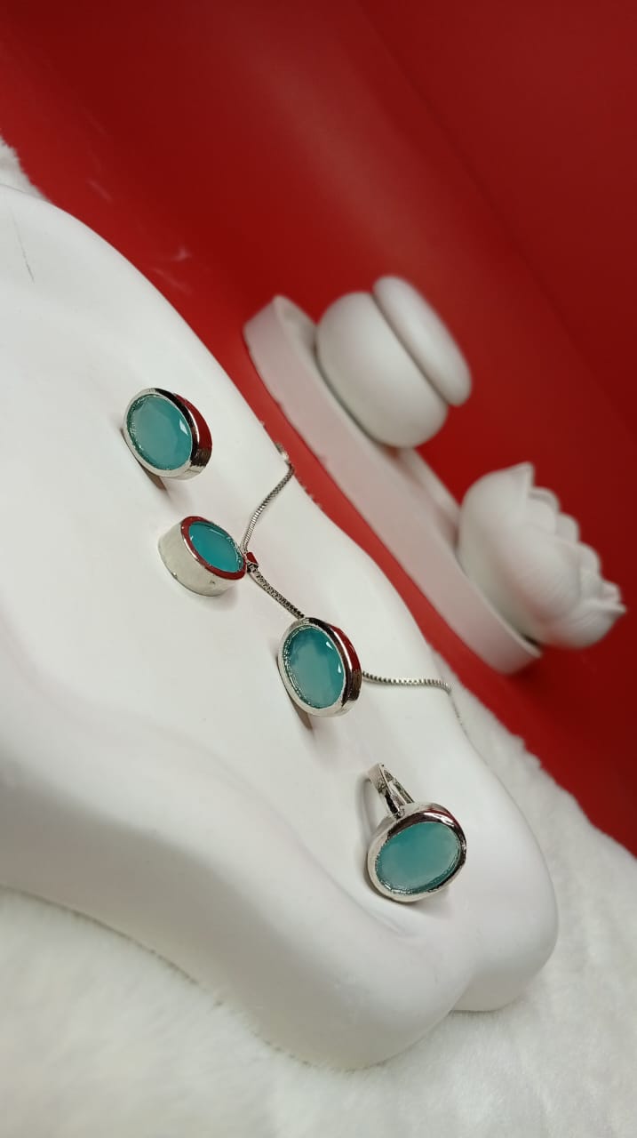 Silver-Plated Teal Blue Oval Jewelry Set | Dainty Pendant Necklace, Stud Earrings & Adjustable Ring | Minimalist Modern Daily Wear Jewelry