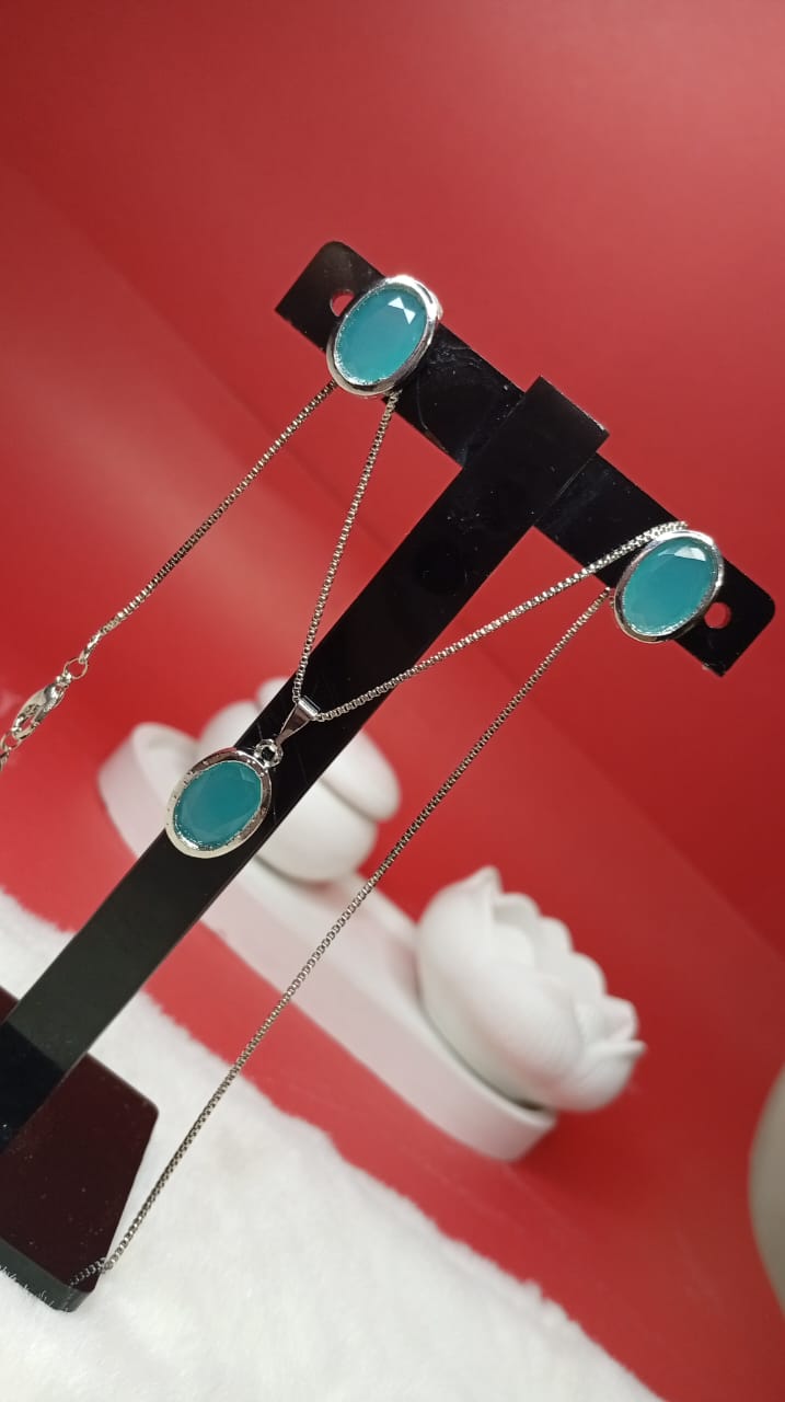Silver-Plated Teal Blue Oval Jewelry Set | Dainty Pendant Necklace, Stud Earrings & Adjustable Ring | Minimalist Modern Daily Wear Jewelry