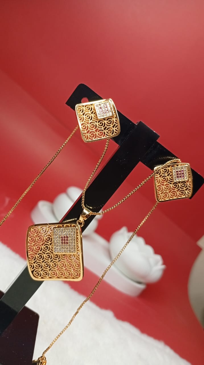Gold-Plated Filigree Square Jewelry Set for Women | Intricate Swirl Pattern Pendant & Earrings | Elegant CZ Accent Festive Jewelry Set