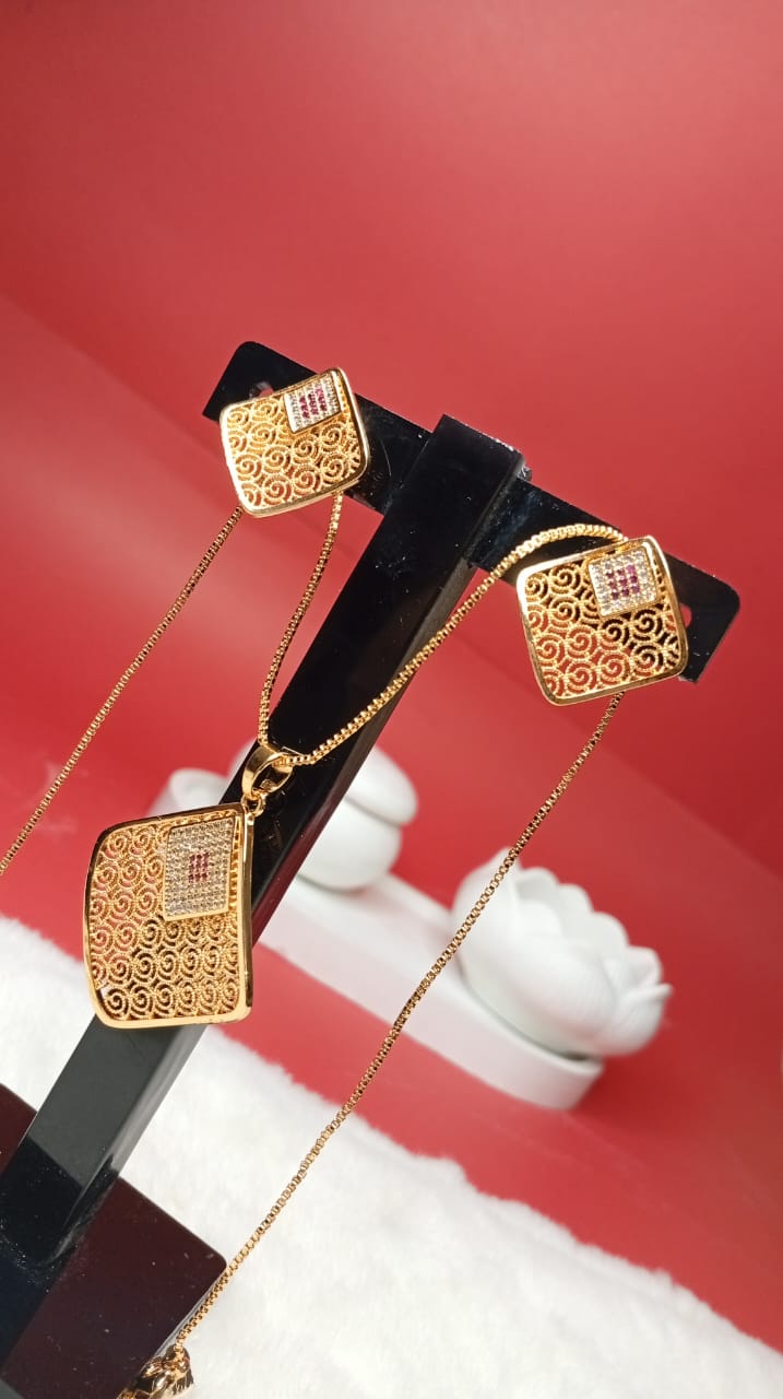 Gold-Plated Filigree Square Jewelry Set for Women | Intricate Swirl Pattern Pendant & Earrings | Elegant CZ Accent Festive Jewelry Set