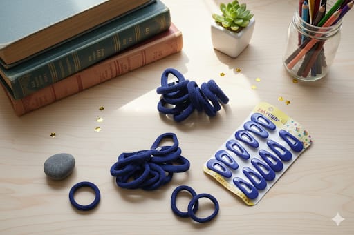 Navy Blue School Hair Accessories Set (30 Pcs) - 18 Seamless Ponies & 12 EasyGrip Snap Clips for Girls