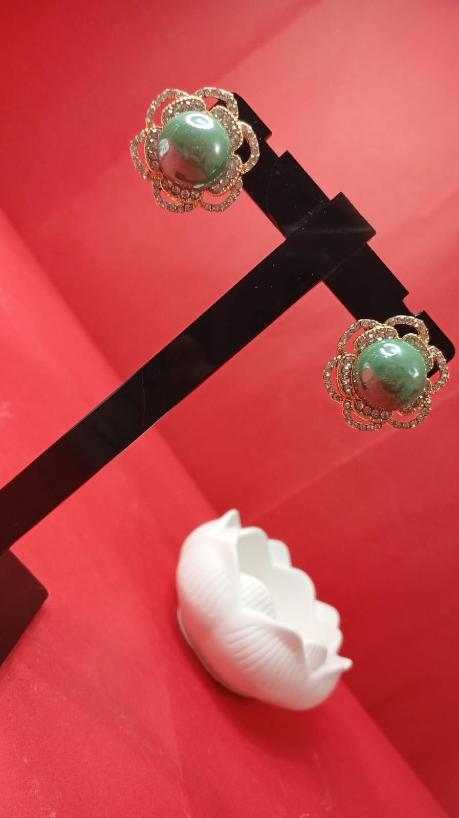 gold-tone green jade & crystal floral stud earrings