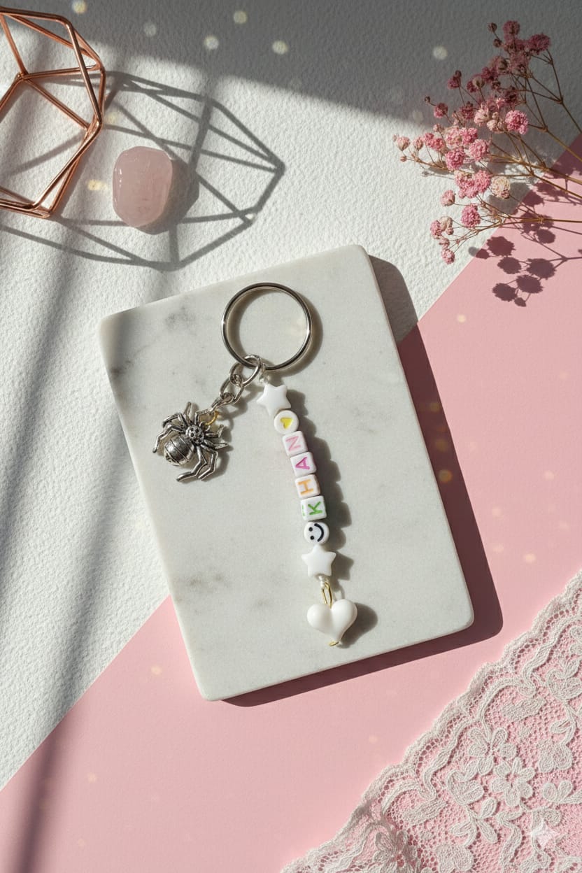 Personalized "KHAN" Beaded Keychain | Silver Spider Charm & Y2K Aesthetic | Custom Letter Bead Bag Accessory | Spooky Cute Gift