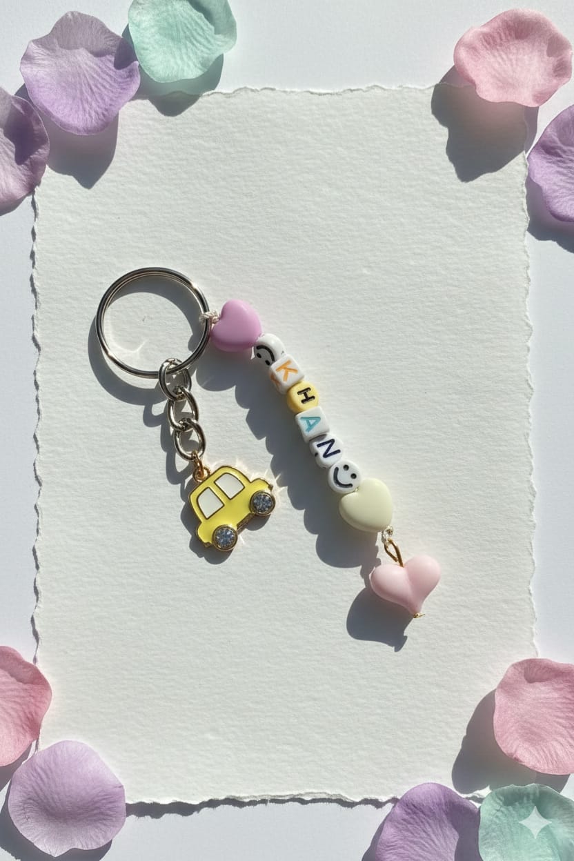 Personalized "KHAN" Name Keychain | Yellow Car Charm & Pastel Beads | Custom Letter Bead Y2K Aesthetic Accessory | Driver Gift