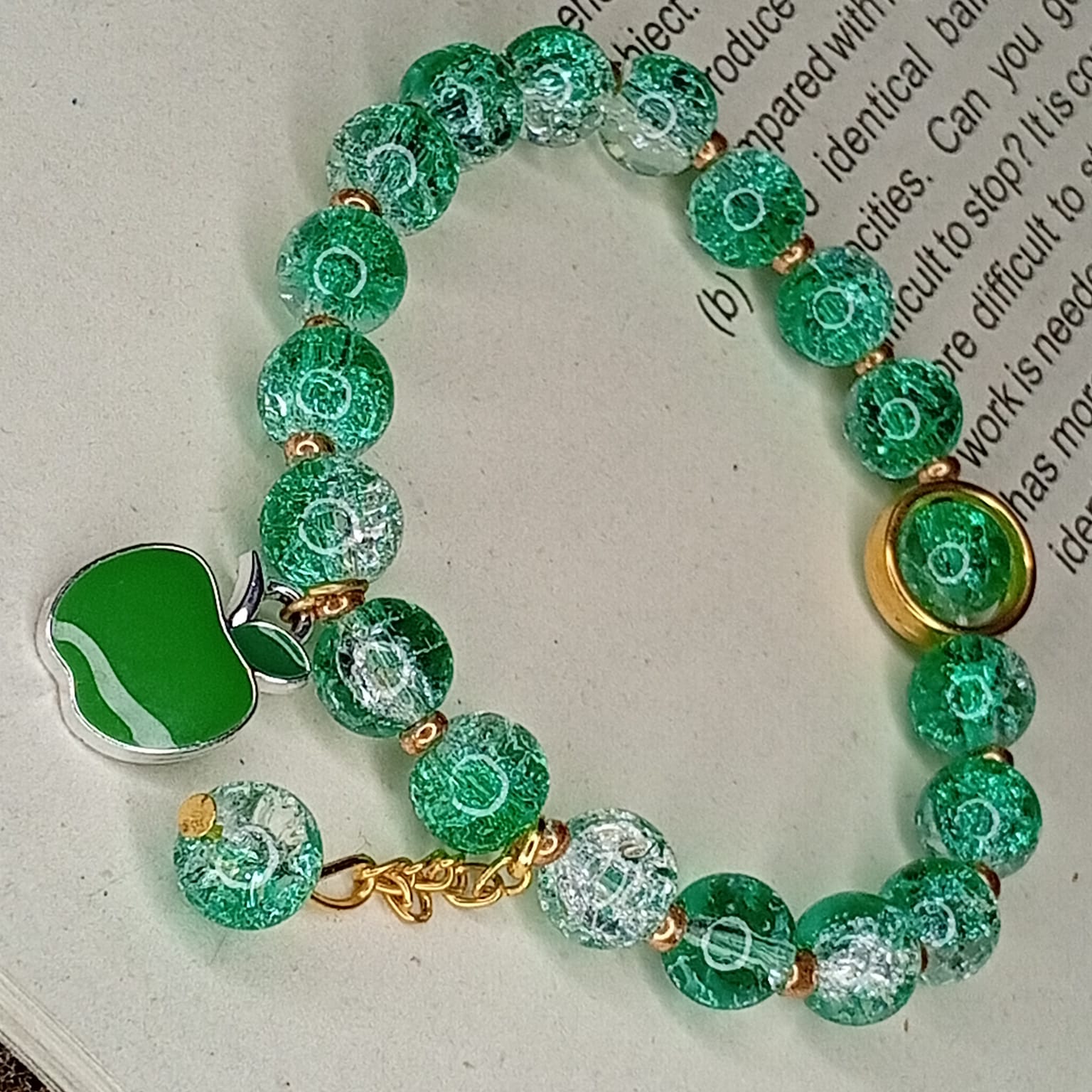 Fresh Beginnings: Emerald Crackle Glass & Apple Charm Bracelet