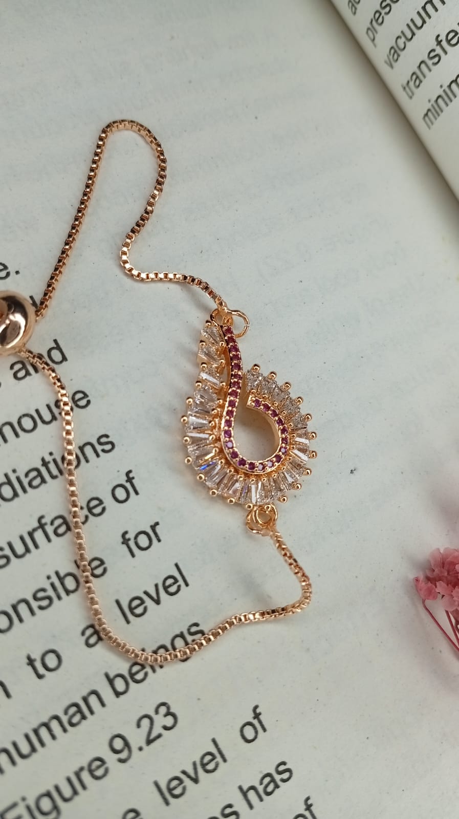 : Rose Gold Heart Bolo Bracelet with Baguette & Pink CZ