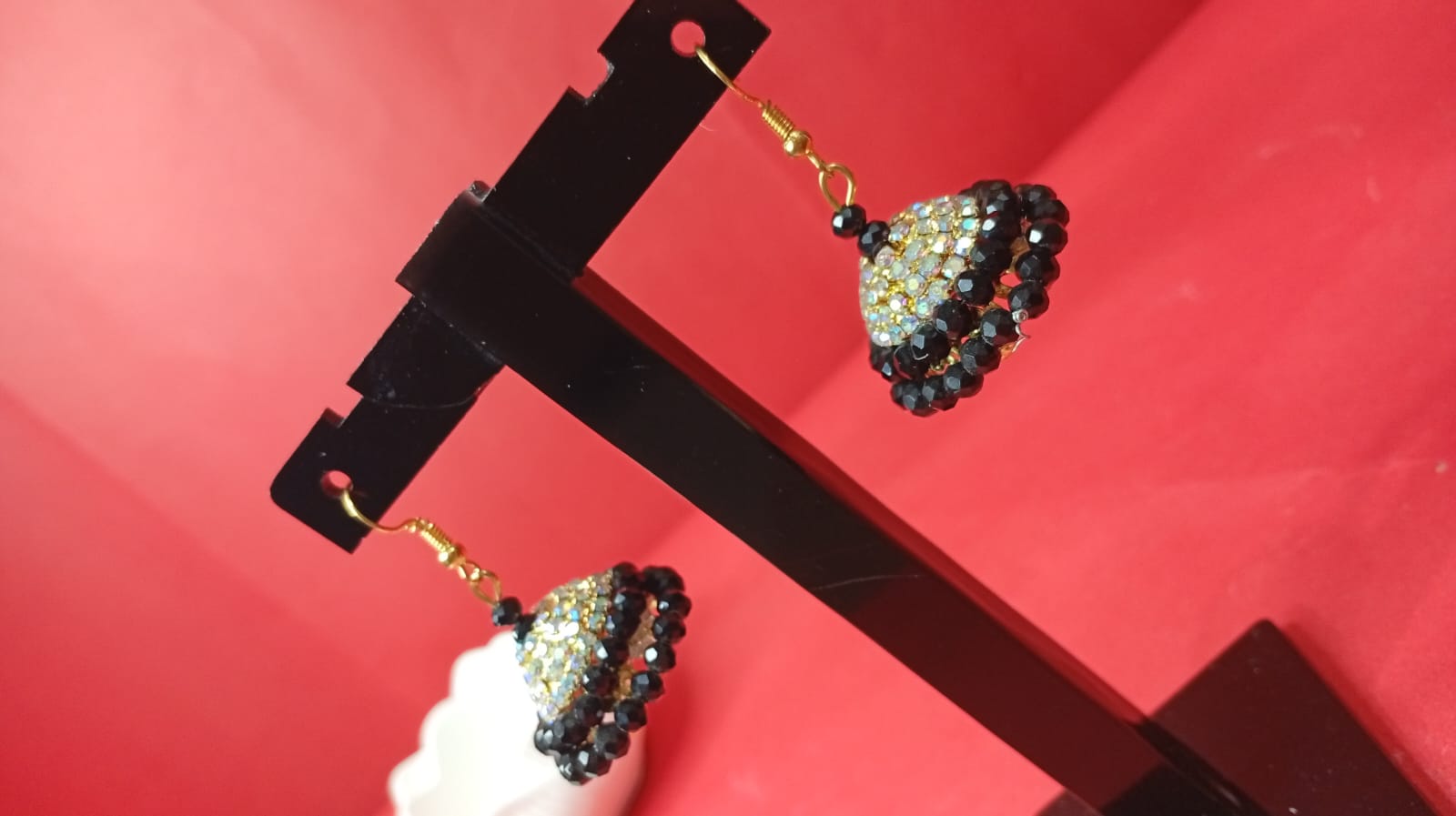 gold-tone black & white crystal beaded drop earrings